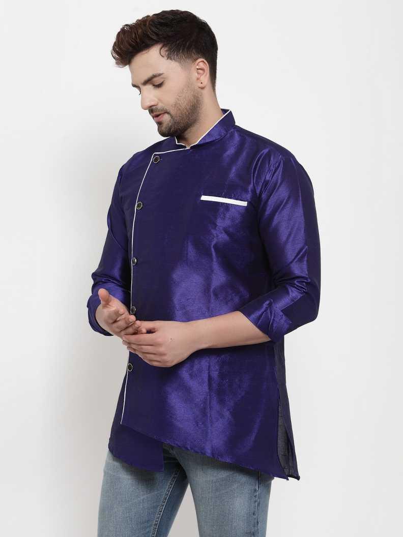 Men's Silk Blend Royal Blue Asymmetrica Short Kurta - Benstoke - Indiakreations