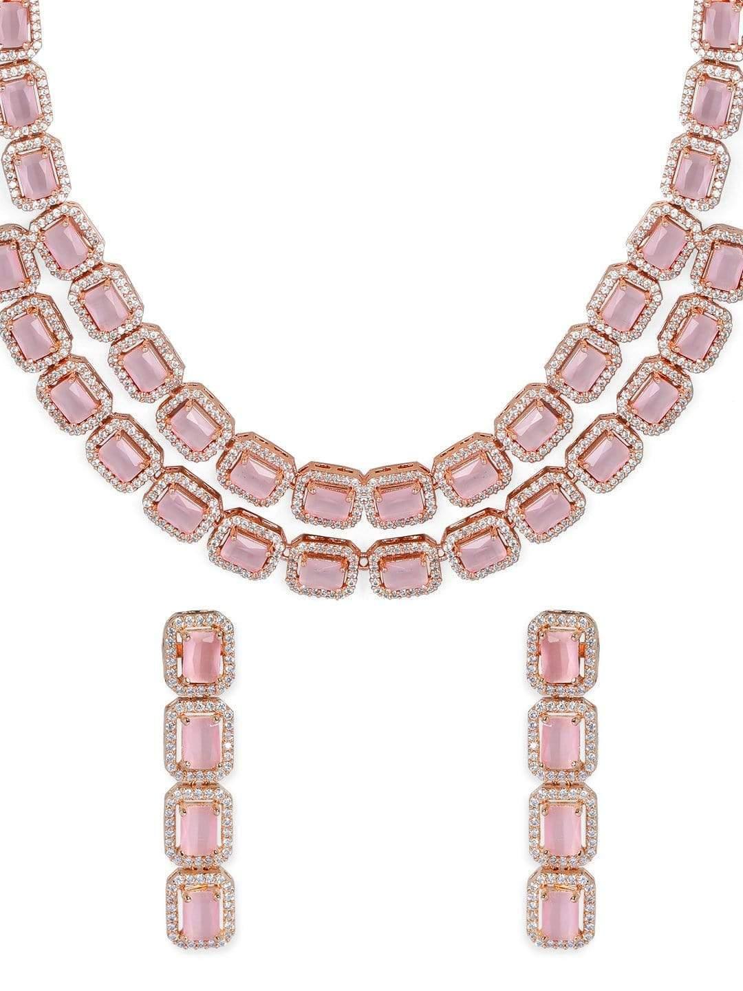 Rose Gold Pink Gemstone Studded Elegant Necklace Set - Indiakreations