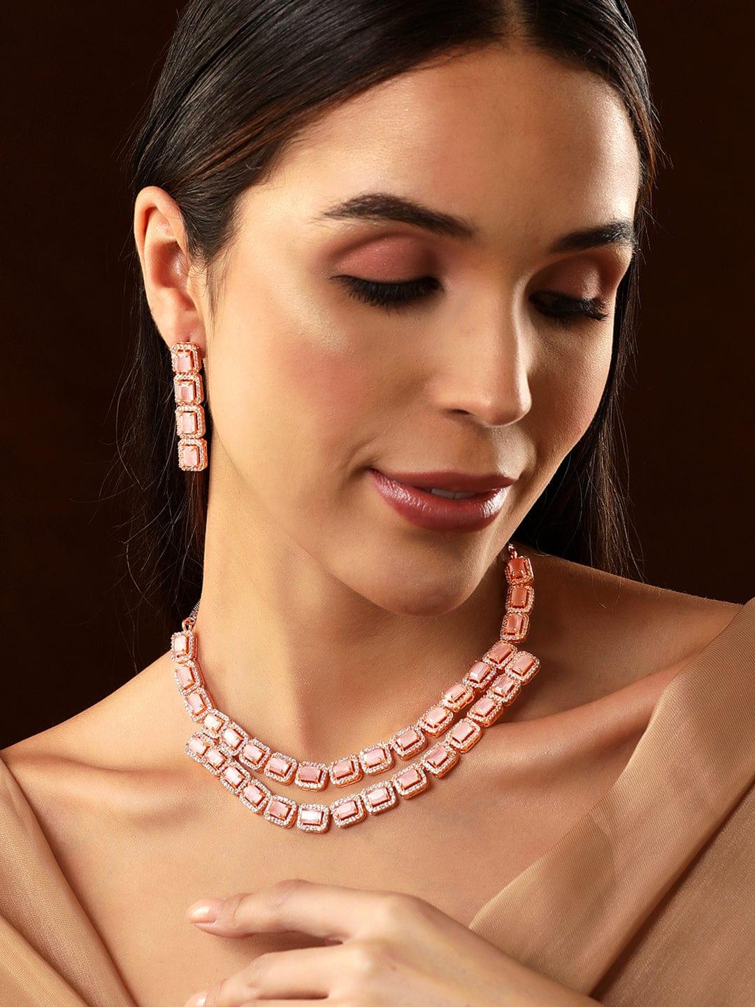 Rose Gold Pink Gemstone Studded Elegant Necklace Set - Indiakreations