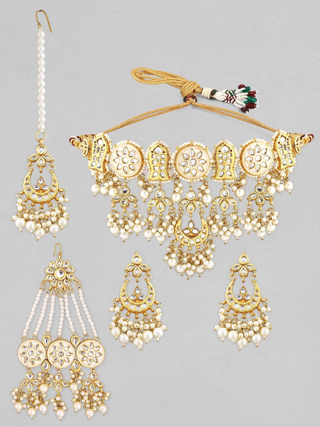 Rubans 22k Gold Plated Cream Colour Kundan Choker Set With Hanging Pearl Design. - Indiakreations