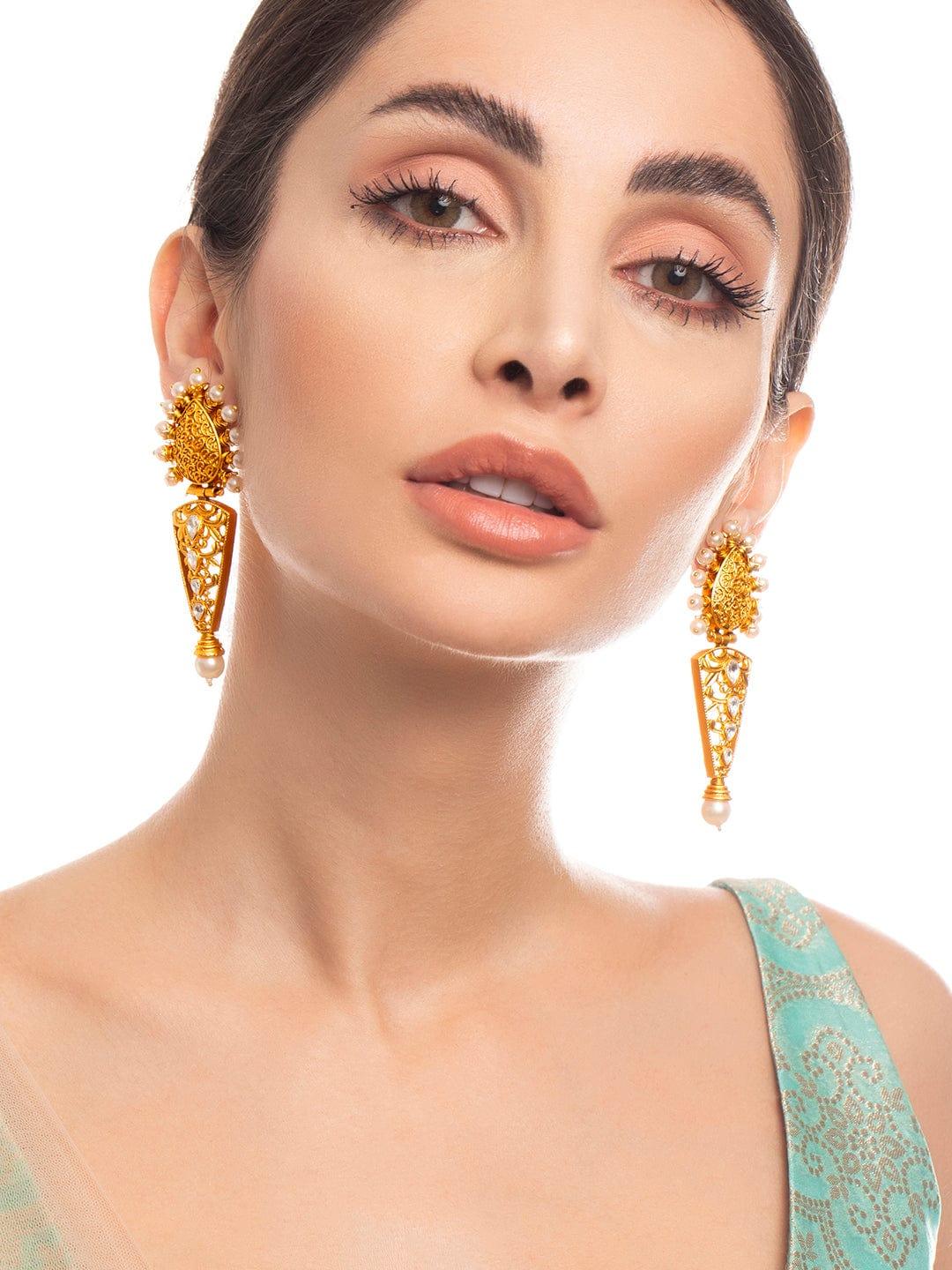 Rubans 22K Gold Plated Drop Earrings With Studded Stone And Pearls - Indiakreations