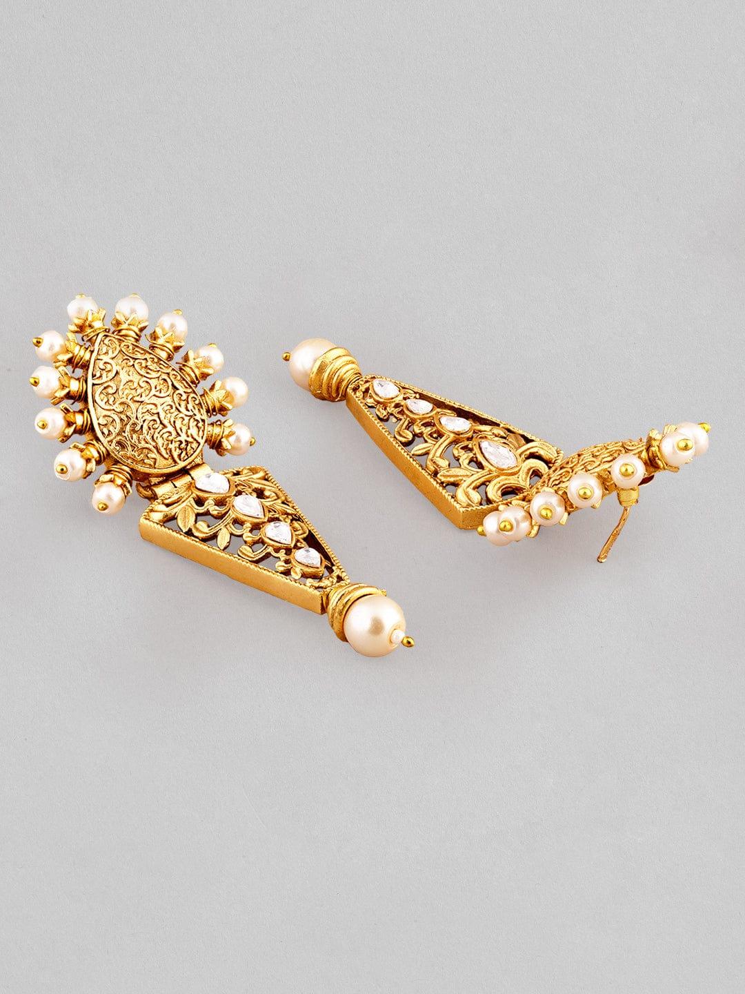 Rubans 22K Gold Plated Drop Earrings With Studded Stone And Pearls - Indiakreations