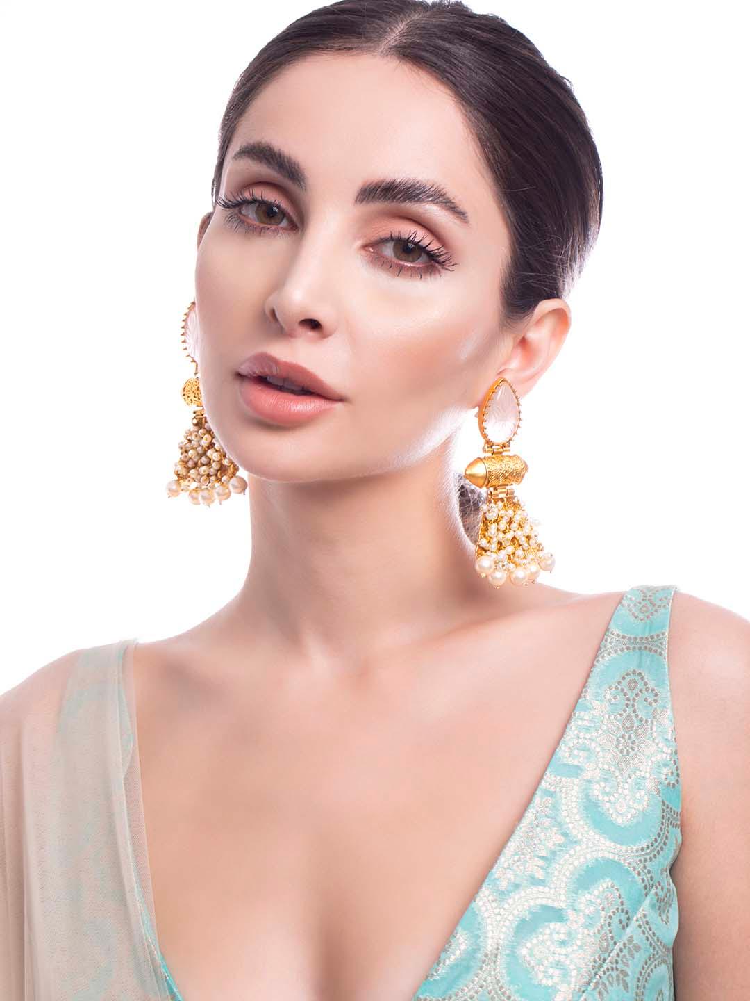 Rubans 22K Gold Plated Drop Earrings With Studded White Stone And Pearls - Indiakreations