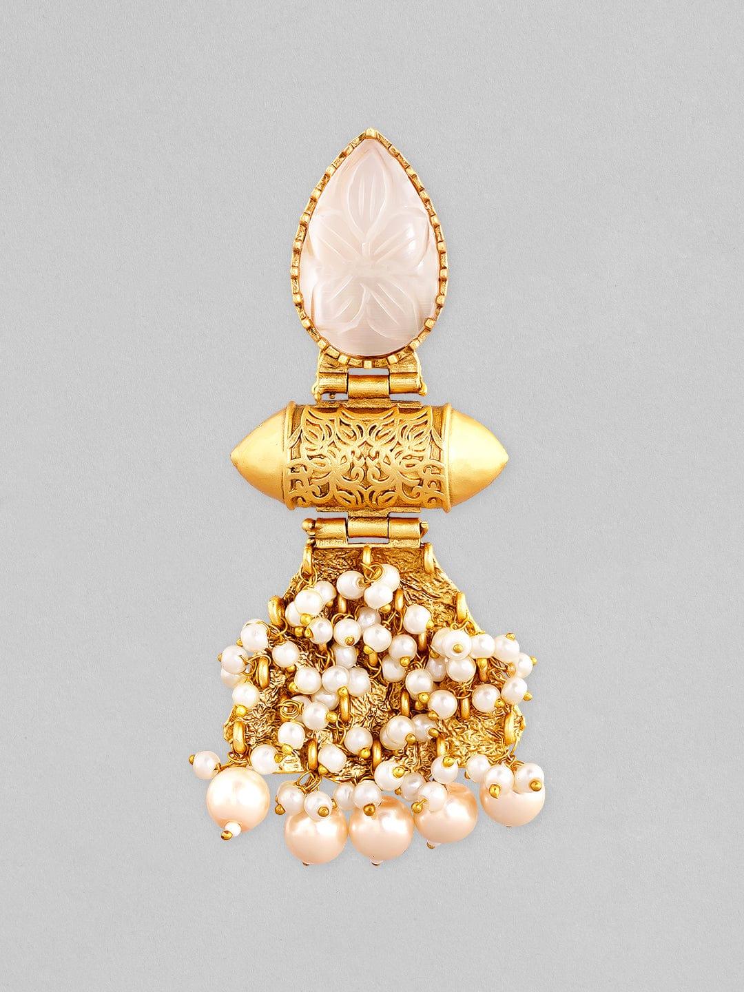 Rubans 22K Gold Plated Drop Earrings With Studded White Stone And Pearls - Indiakreations