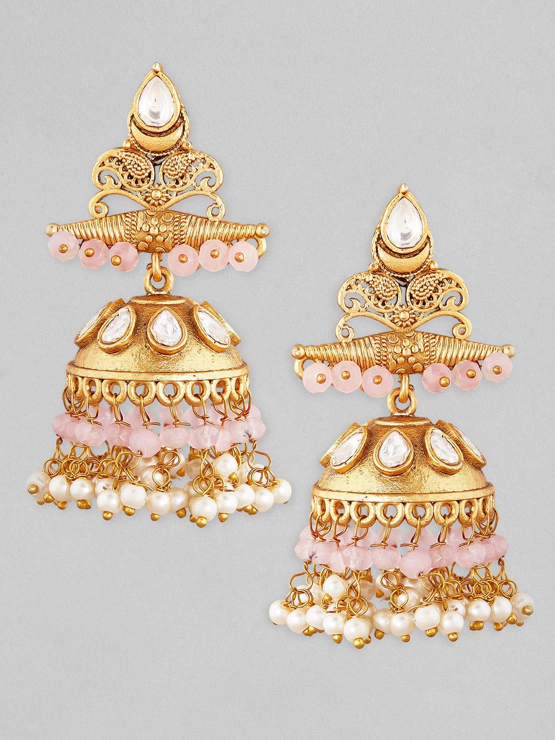 Rubans 22K Gold Plated Drop Jhumki Earrings With Pink Beads - Indiakreations