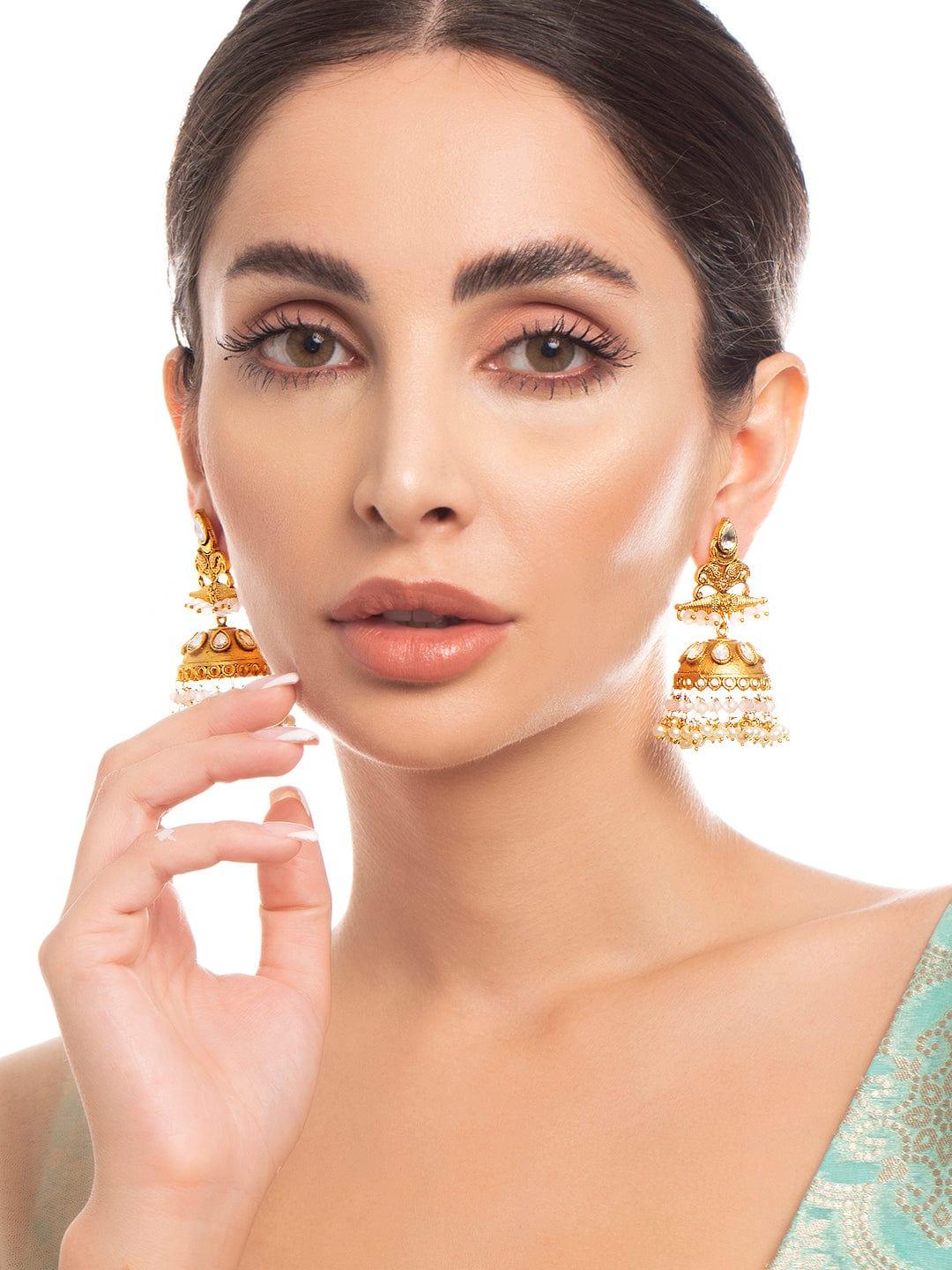 Rubans 22K Gold Plated Drop Jhumki Earrings With Pink Beads - Indiakreations