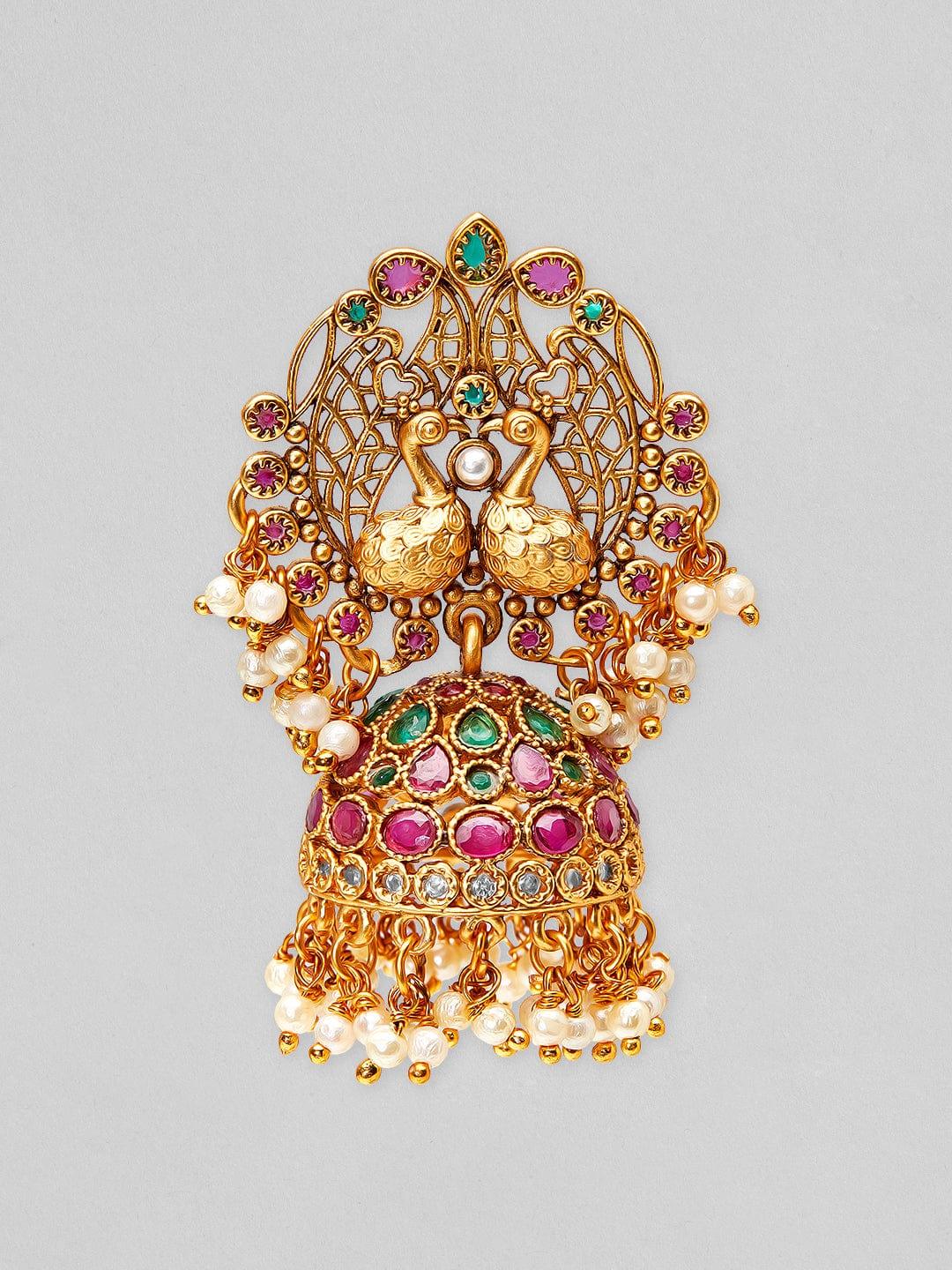 Rubans 22K Gold Plated Earrings With Peacock Design, Stone And Pearls. - Indiakreations