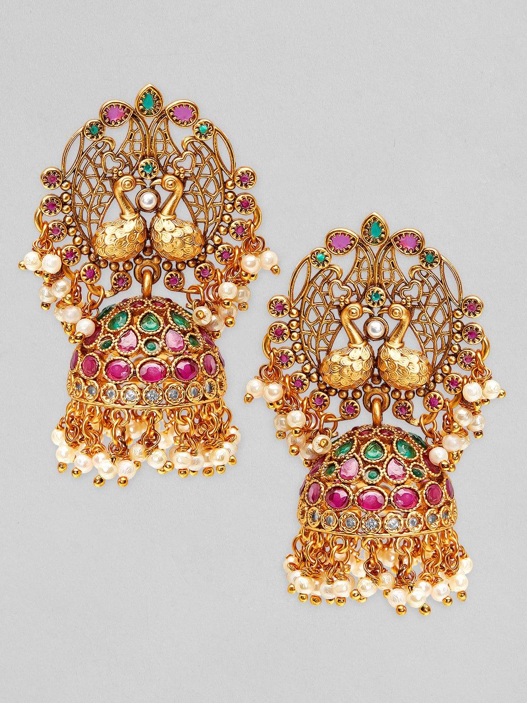Rubans 22K Gold Plated Earrings With Peacock Design, Stone And Pearls. - Indiakreations