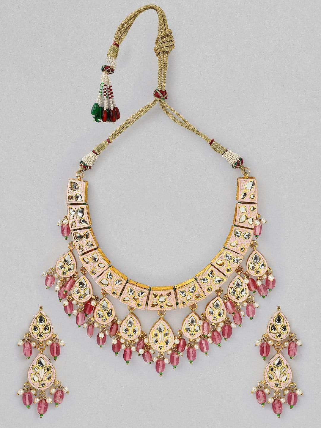 Rubans 22K Gold Plated Handcrafted Enamel Kundan with Gemstone Wedding Necklace Set - Indiakreations
