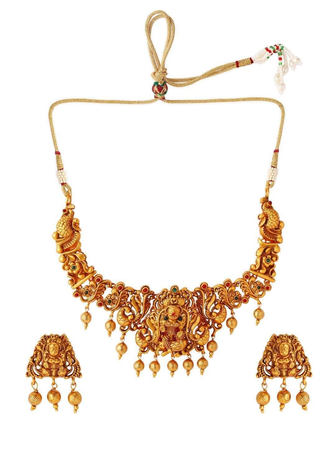 Rubans 22K Gold Plated Handcrafted Faux Ruby Filigree Traditional Temple Necklace Set - Indiakreations