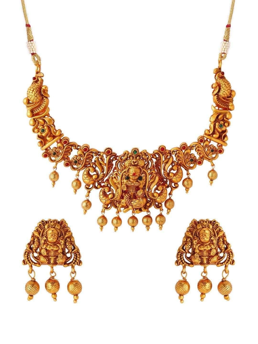 Rubans 22K Gold Plated Handcrafted Faux Ruby Filigree Traditional Temple Necklace Set - Indiakreations