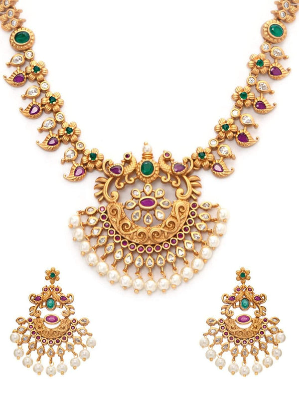 Rubans 22K Gold-Plated Handcrafted Faux Ruby Temple Jewellery Set