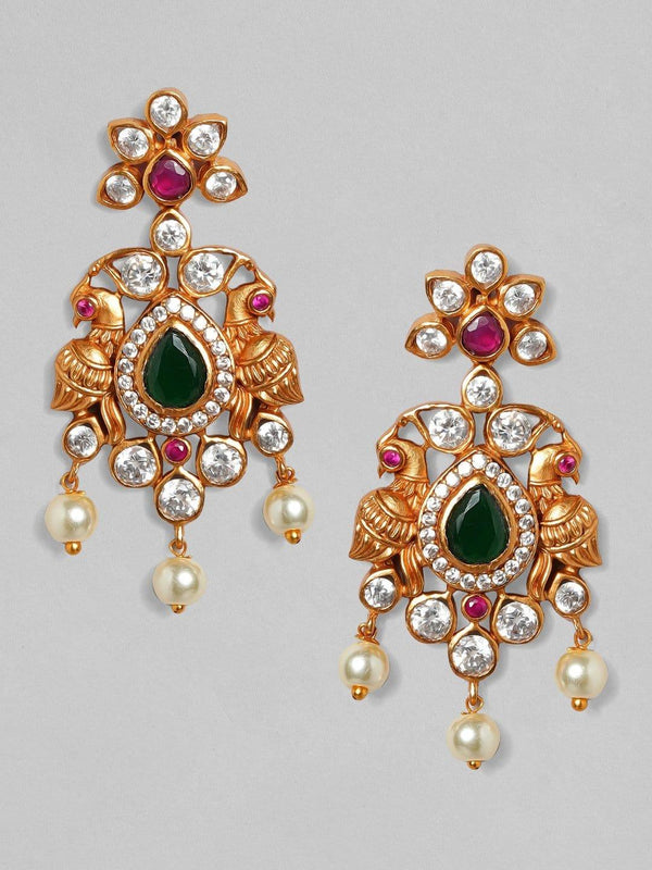 Rubans 22K Gold Plated Handcrafted Faux Ruby with White Pearls Drop Earrings - Indiakreations