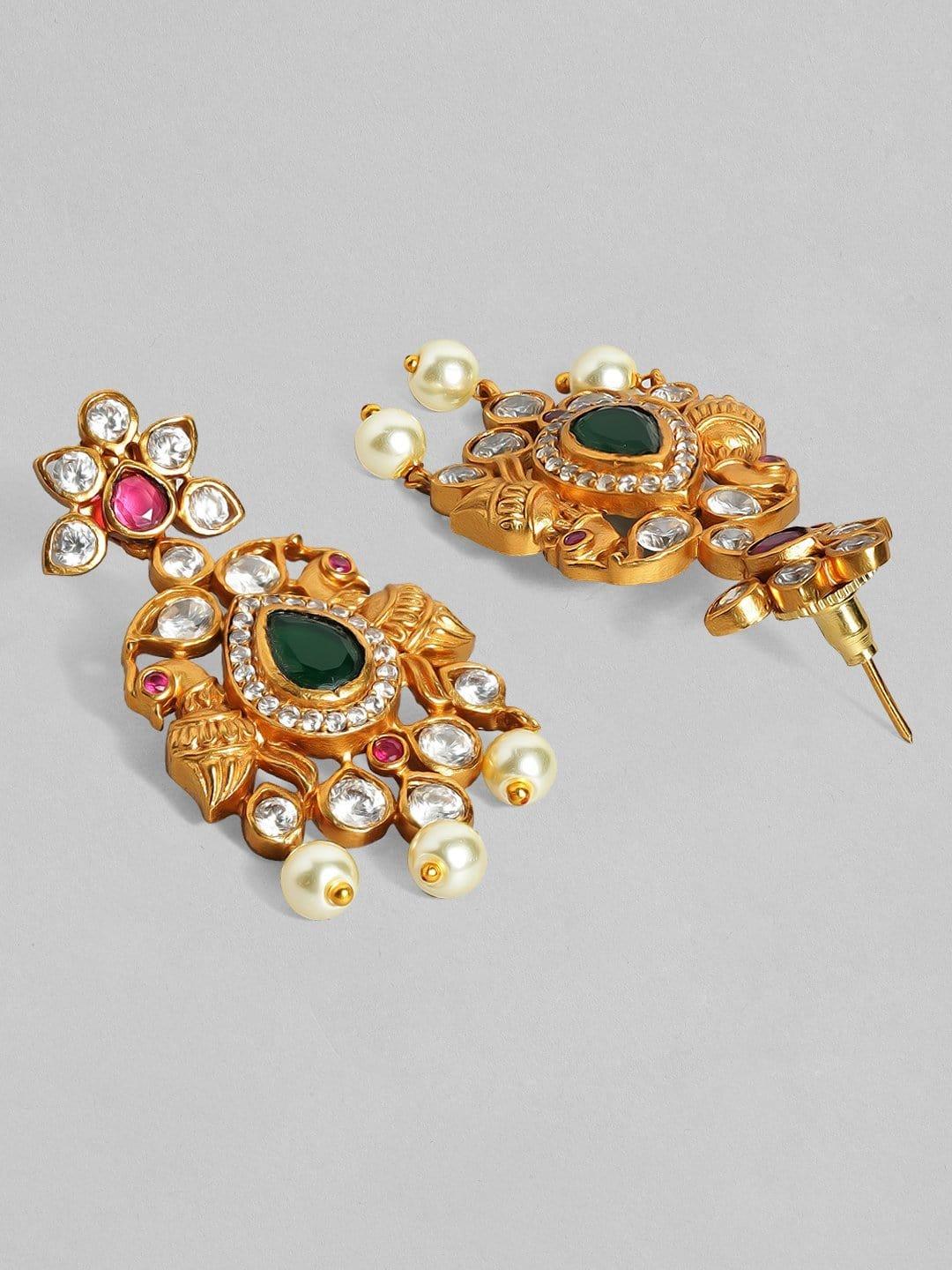 Rubans 22K Gold Plated Handcrafted Faux Ruby with White Pearls Drop Earrings - Indiakreations