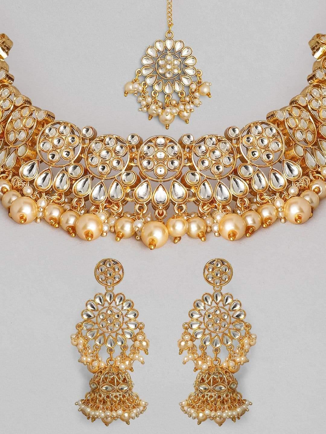 Rubans 22K Gold Plated Handcrafted Kundan & Pearls Traditional Necklace Set - Indiakreations