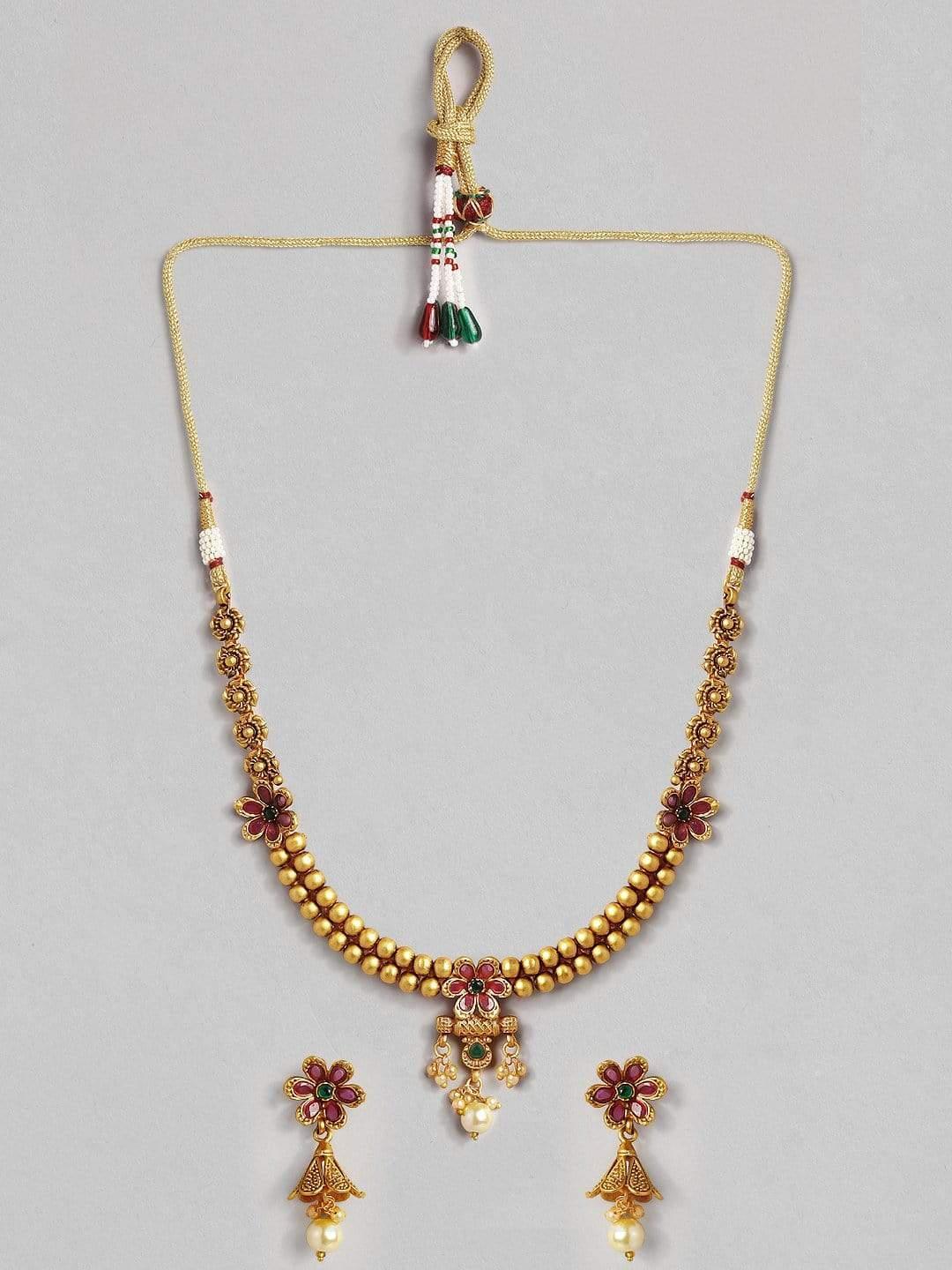 Rubans 22K Gold Plated Handcrafted Pink & Green Stone Necklace Set - Indiakreations