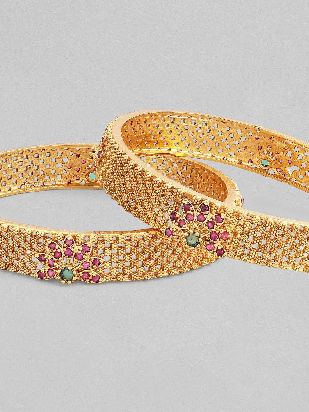 Rubans 22K Gold Plated Handcrafted Pink & Green Stone Studded Bangle - Indiakreations