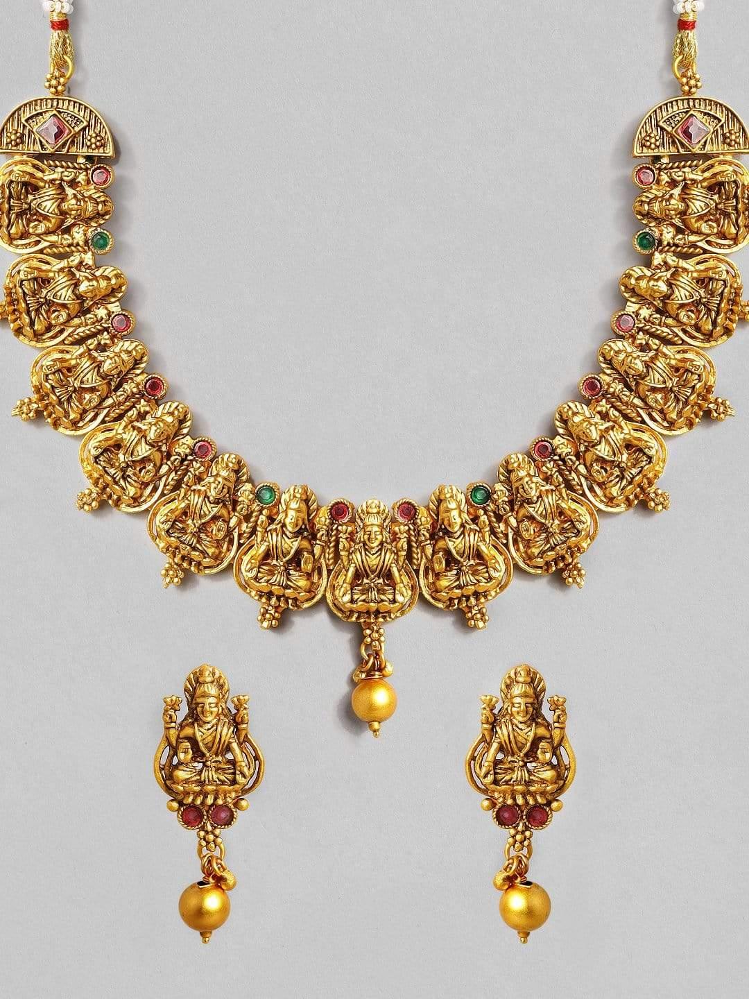 Rubans 22K Gold Plated Handcrafted Ruby Stone and Devine Lakshmi Traditional Necklace Set - Indiakreations