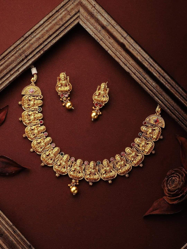 Rubans 22K Gold Plated Handcrafted Ruby Stone and Devine Lakshmi Traditional Necklace Set - Indiakreations
