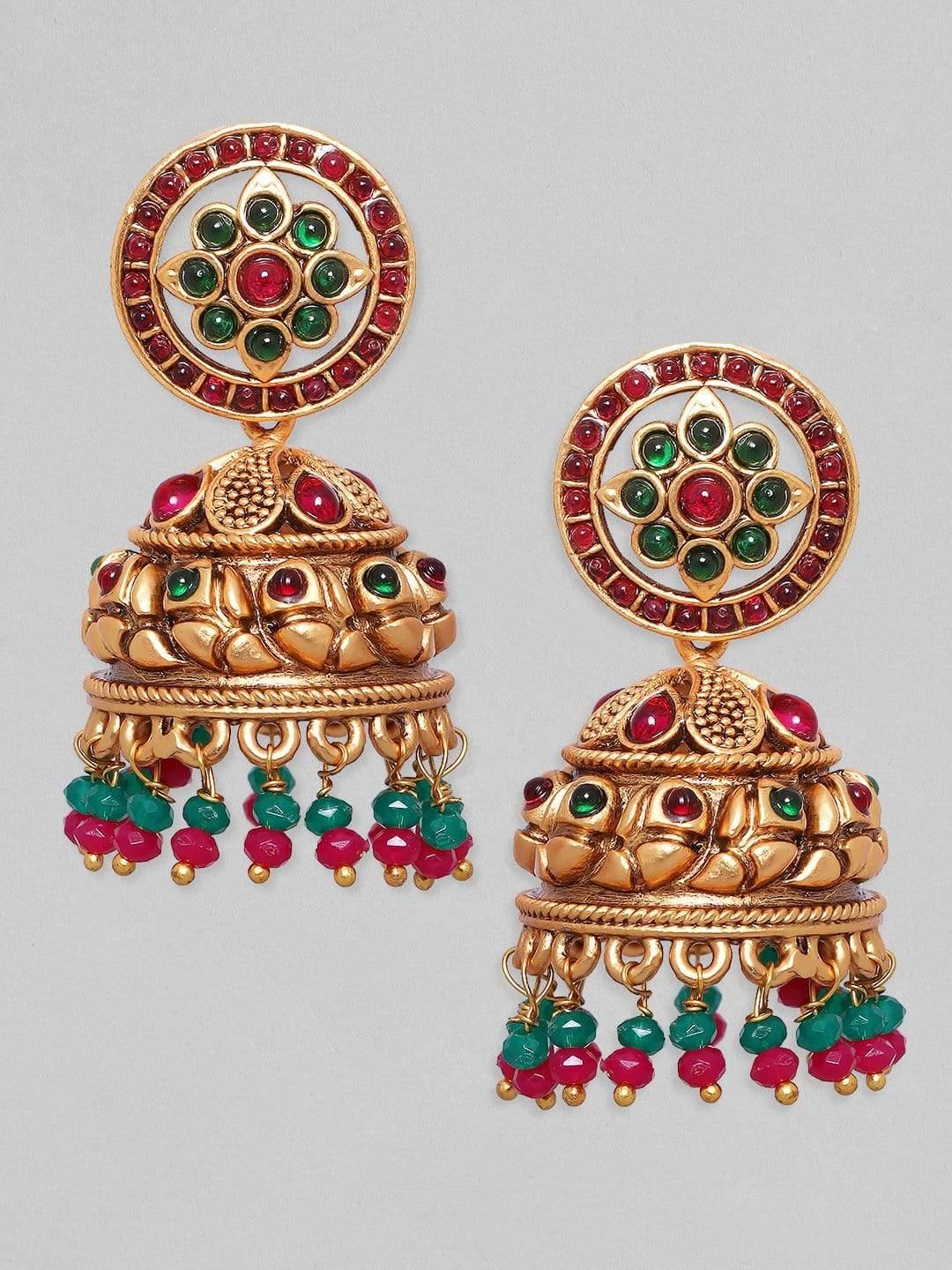 Rubans 22K Gold Plated Handcrafted Ruby Studded Filigree Jhumka Earrings - Indiakreations
