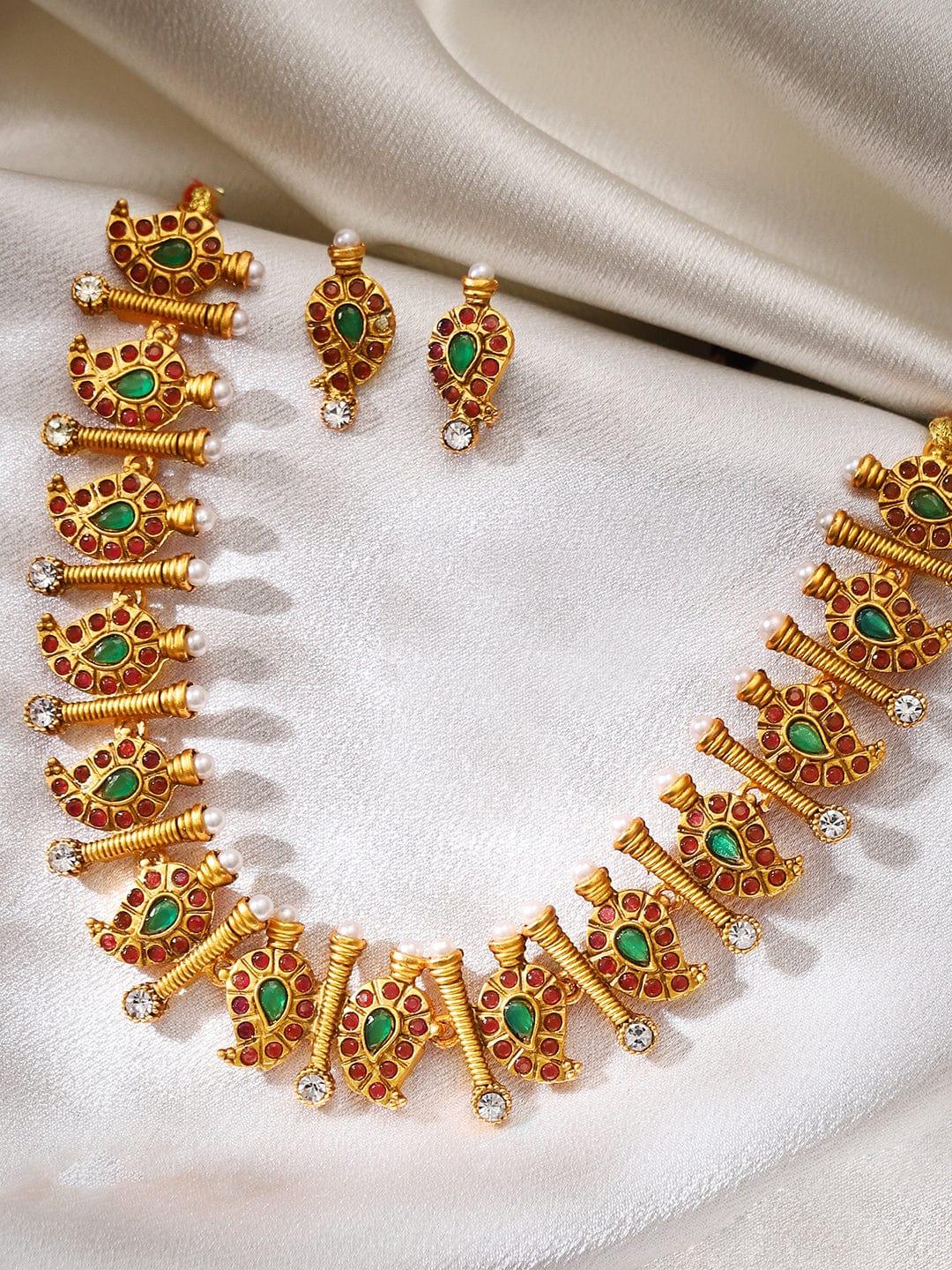 Rubans 22K Gold Plated Handcrafted Temple Color Stone Necklace Set - Indiakreations