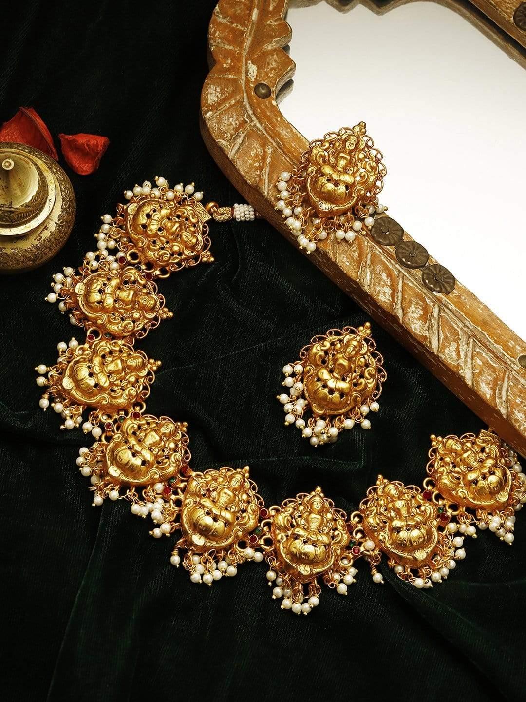 Rubans 22K Gold Plated Handcrafted Temple Traditional Necklace Set - Indiakreations