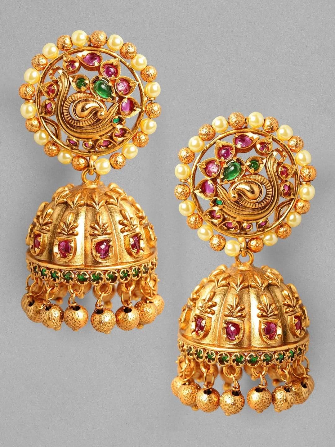 Rubans 22K Gold Plated Handcrafted Traditional Temple Jhumka Earrings - Indiakreations