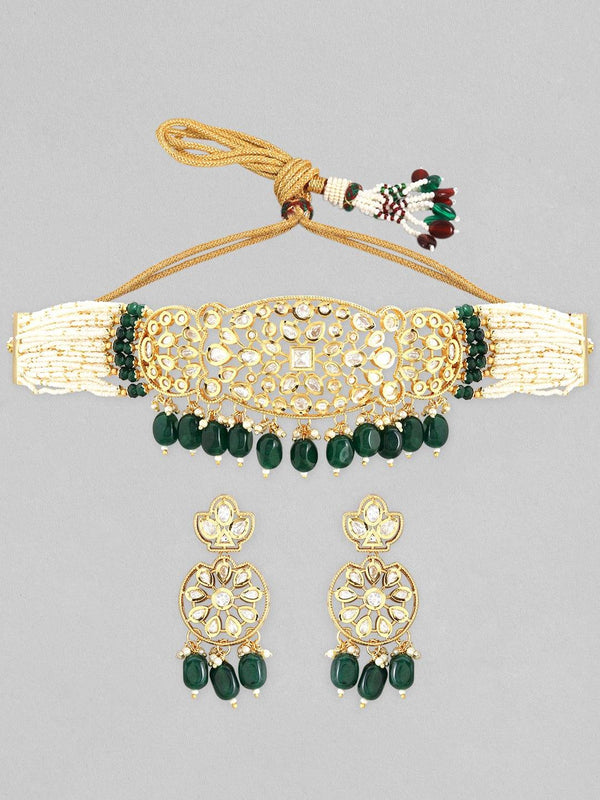 Rubans 22K Gold Plated Kundan Choker Set With Green And White Beads - Indiakreations