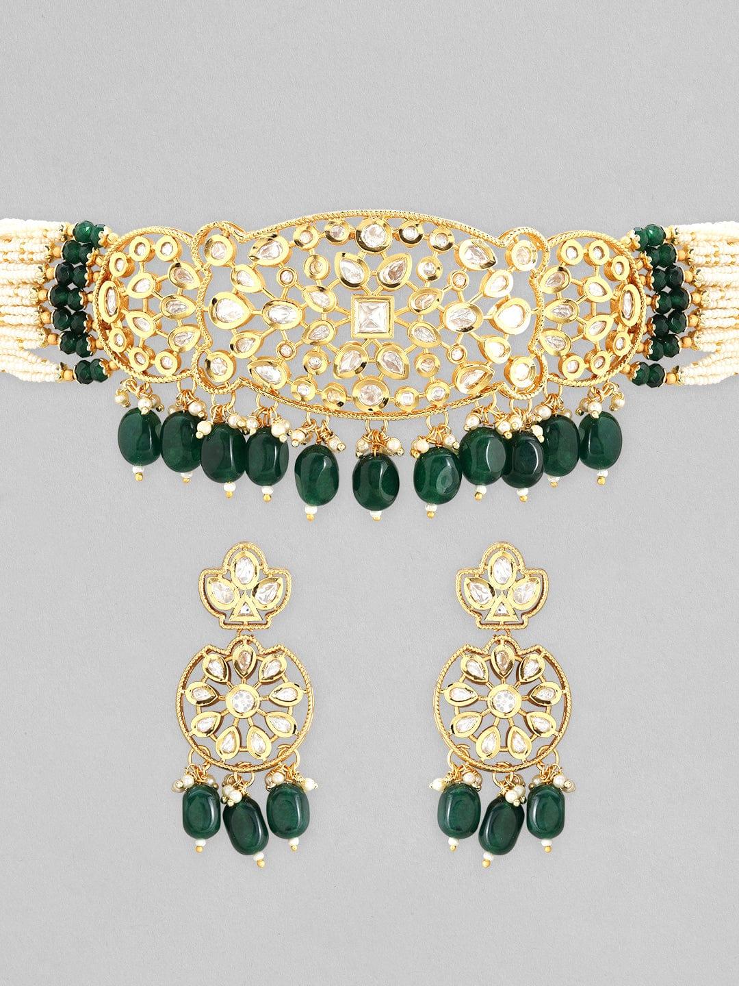 Rubans 22K Gold Plated Kundan Choker Set With Green And White Beads - Indiakreations