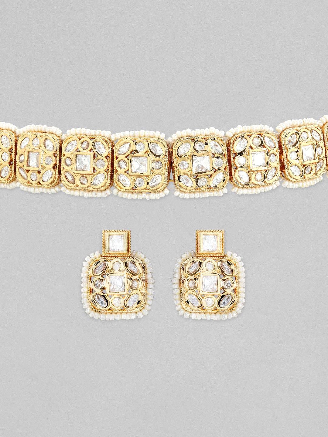 Rubans 22K Gold Plated Kundan Choker Set With White Beads - Indiakreations