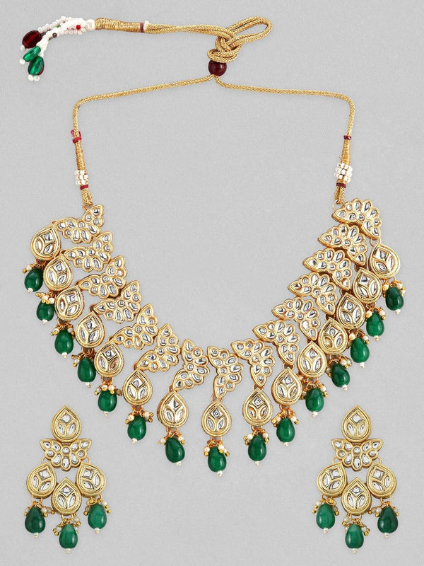 Rubans 22K Gold Plated Kundan Necklace Set With And Green Beads - Indiakreations