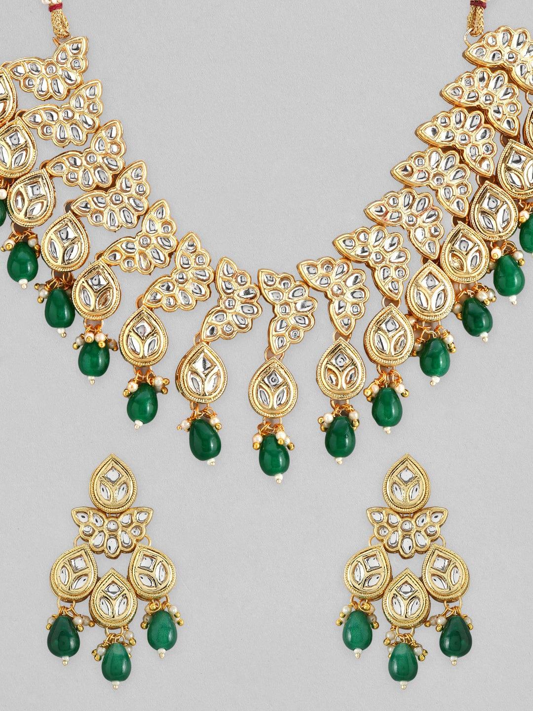 Rubans 22K Gold Plated Kundan Necklace Set With And Green Beads - Indiakreations
