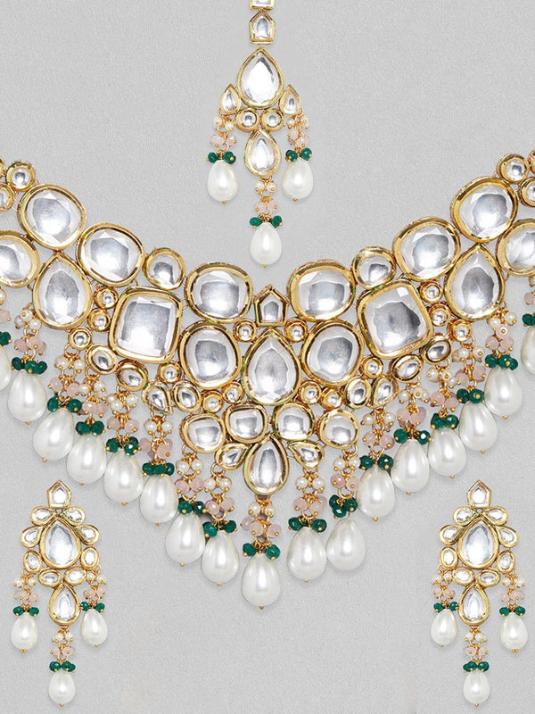 Rubans 22K Gold Plated Kundan Necklace Set With Green Beads And Pearls - Indiakreations
