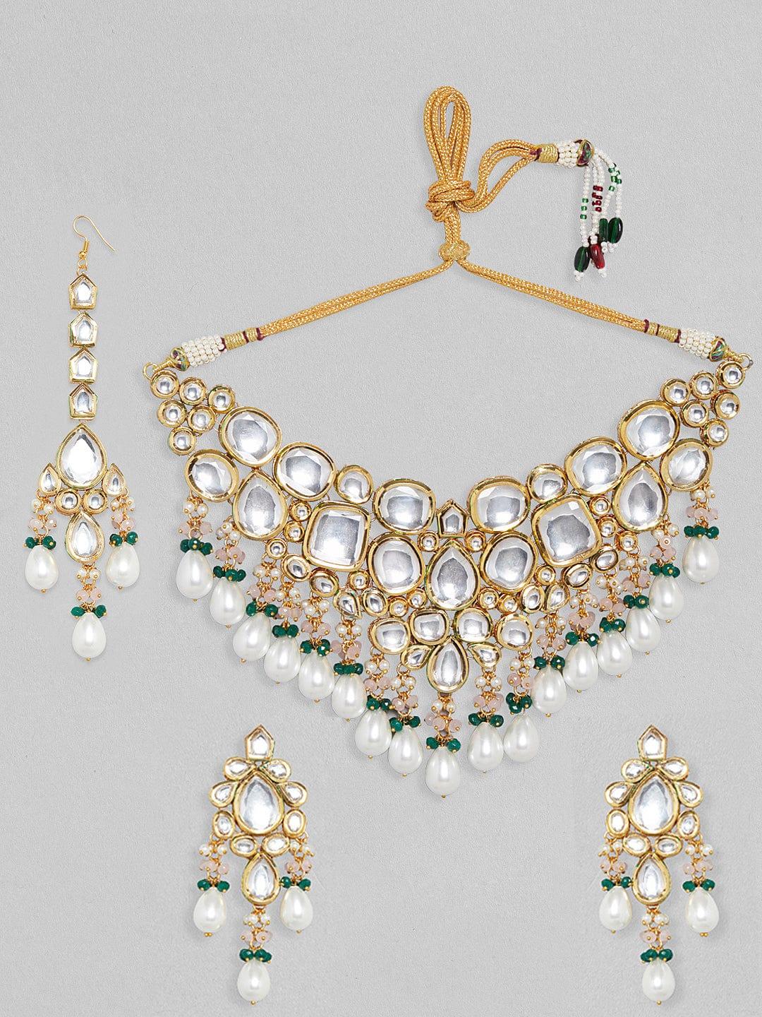 Rubans 22K Gold Plated Kundan Necklace Set With Green Beads And Pearls - Indiakreations