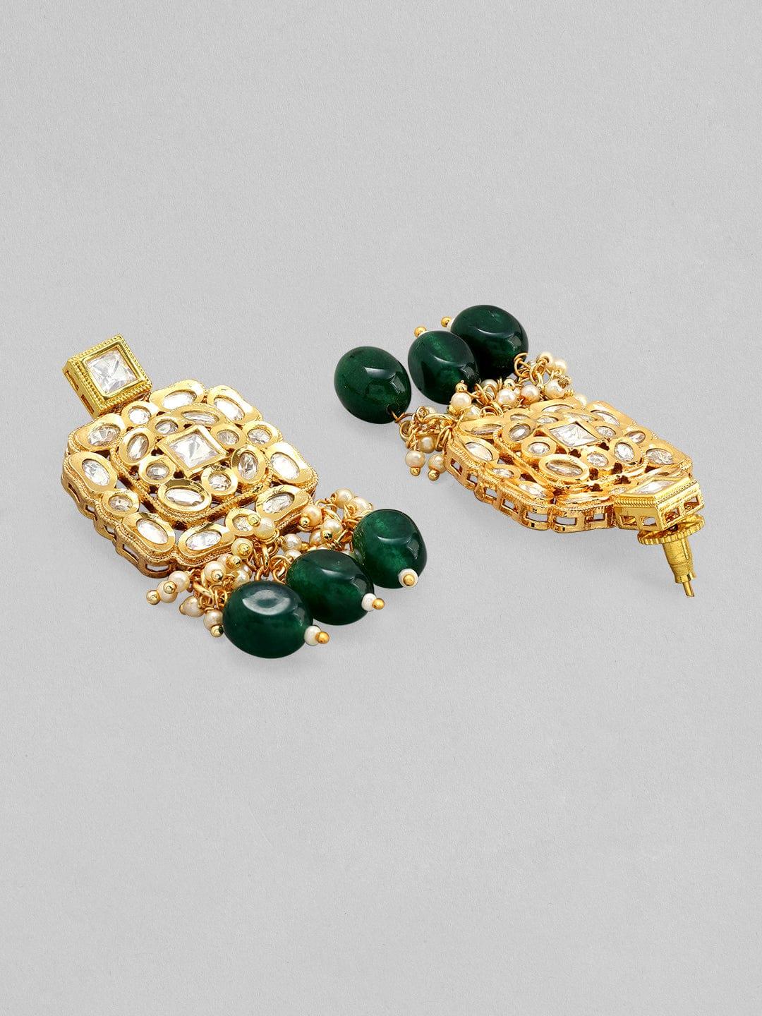 Rubans 22K Gold Plated Kundan Polki Necklace Set With Green Beads Design - Indiakreations