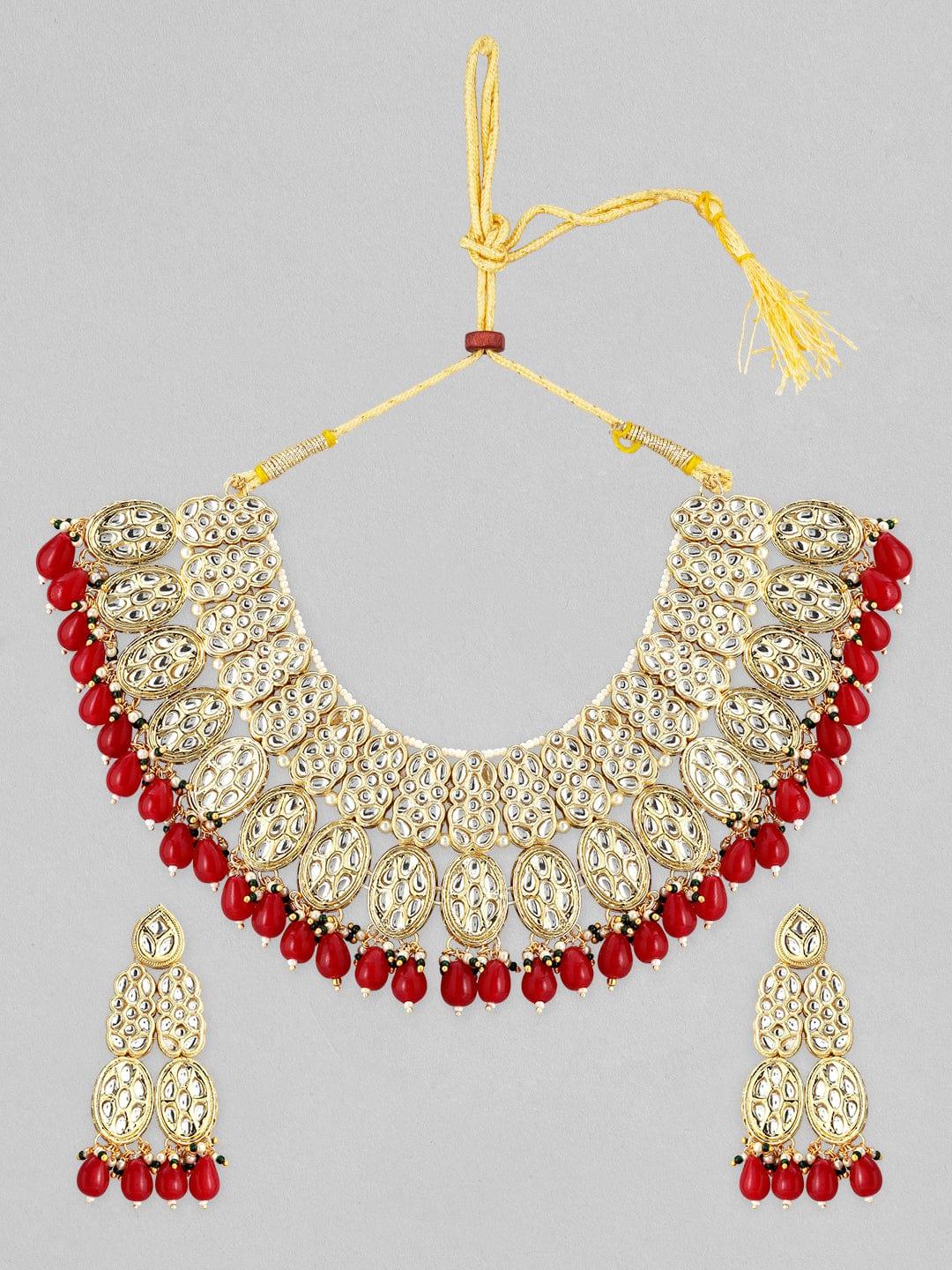 Rubans 22K Gold Plated Kundan Necklace Set With Red And Green Beads - Indiakreations