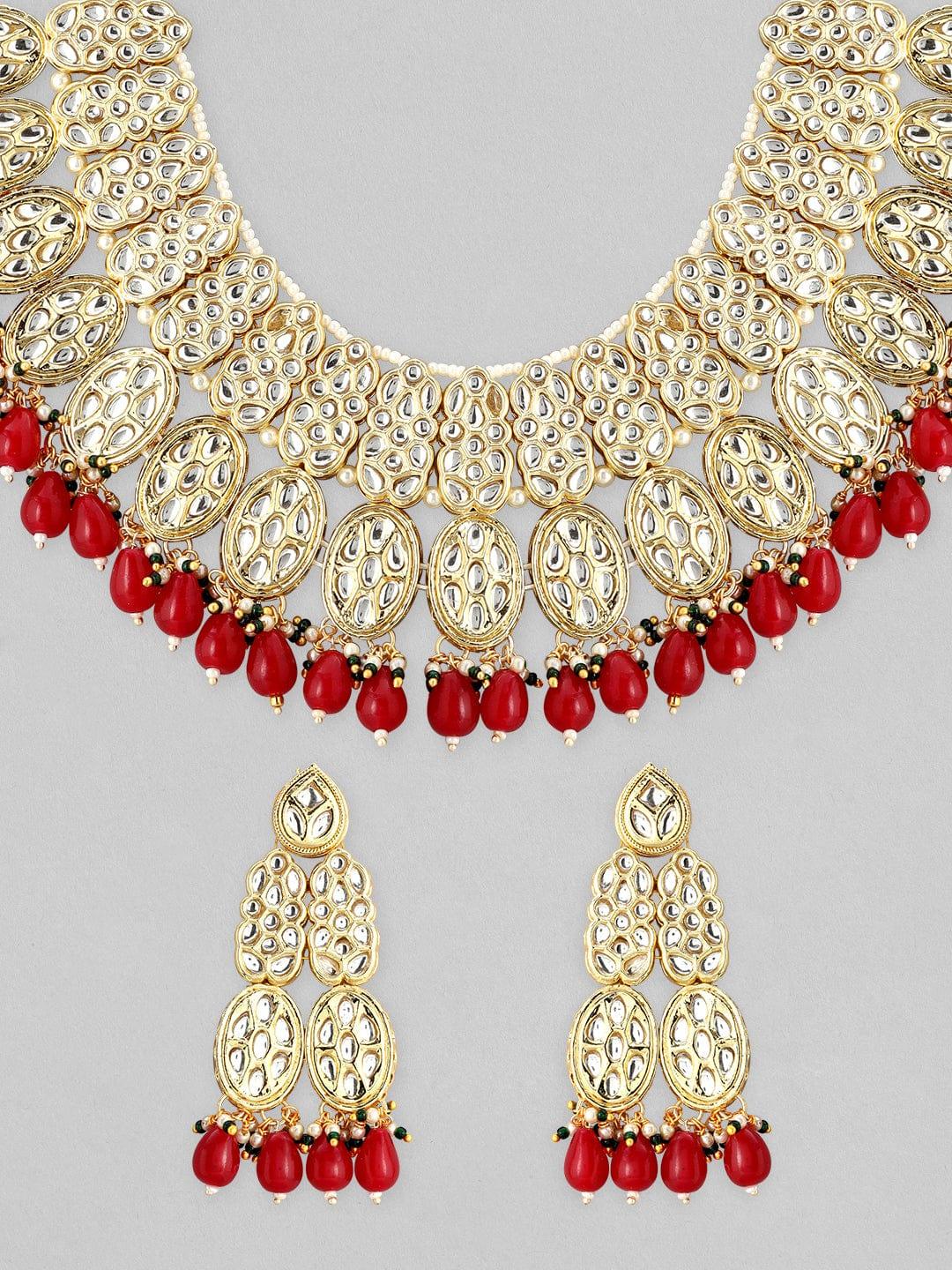Rubans 22K Gold Plated Kundan Necklace Set With Red And Green Beads - Indiakreations