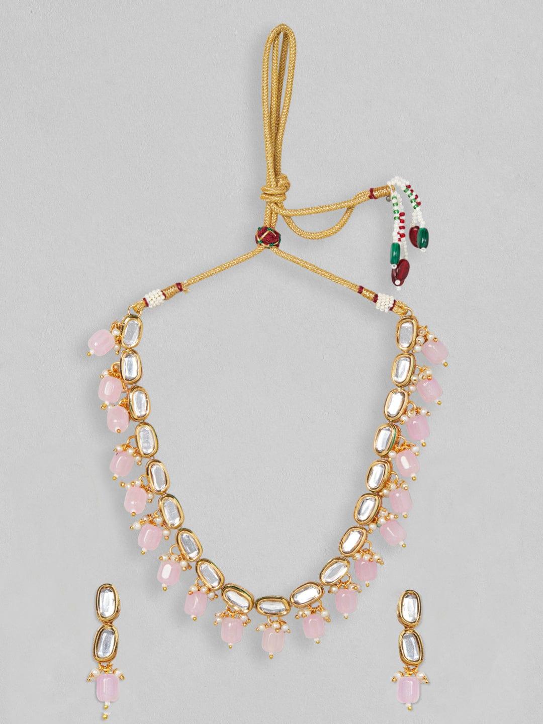 Rubans 22K Gold Plated Kundan Necklace With Pink Beads - Indiakreations