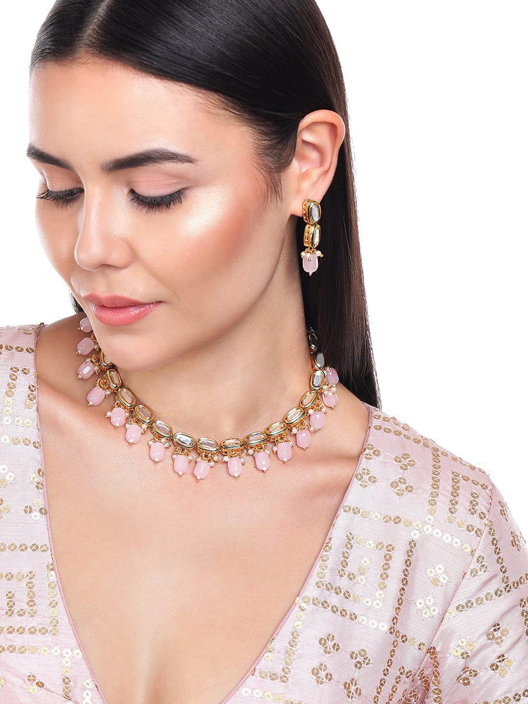 Rubans 22K Gold Plated Kundan Necklace With Pink Beads - Indiakreations