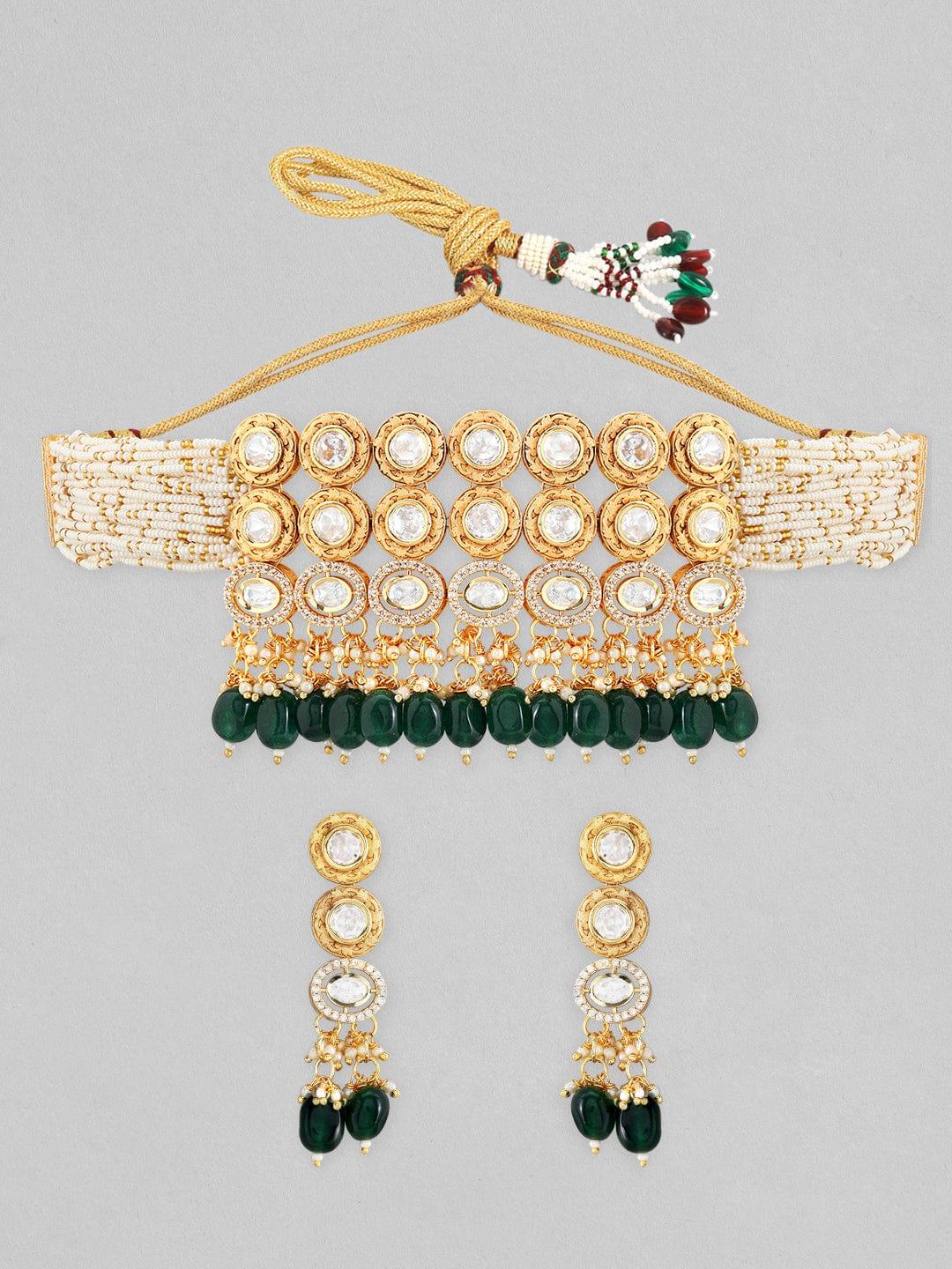 Rubans 22K Gold Plated Kundan Polki Choker Set With Dark Green And White Beads - Indiakreations