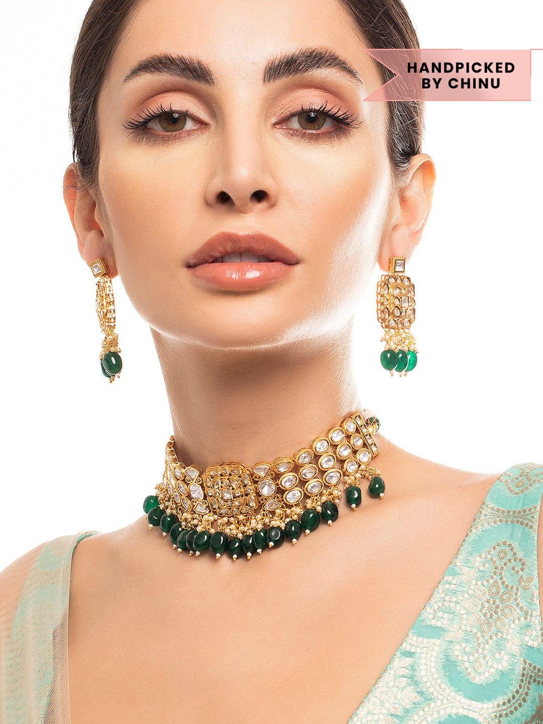 Rubans 22K Gold Plated Kundan Polki Necklace Set With Green Beads Design - Indiakreations