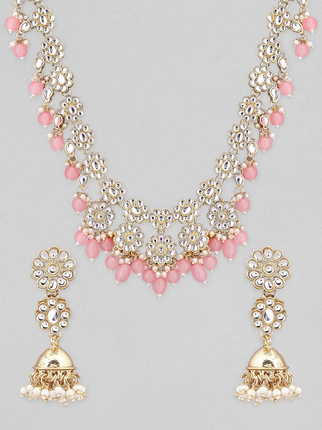 Rubans 22K Gold Plated Necklace Set With American Diamonds And Pink Stones. - Indiakreations