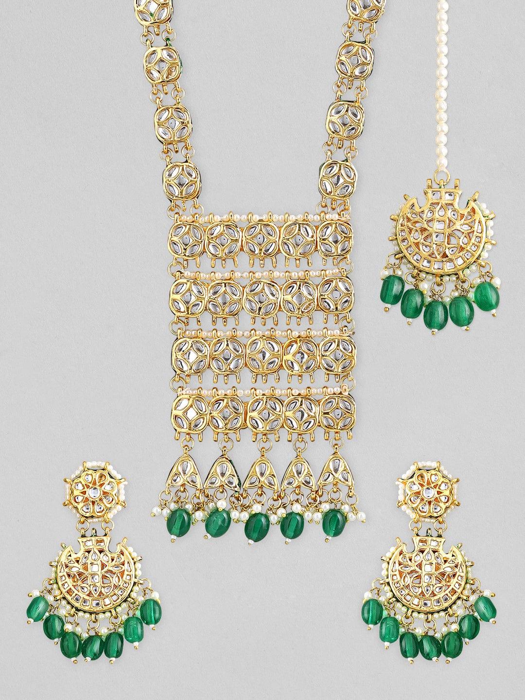 Rubans 22k gold plated necklace set with diamonds and green beads design. - Indiakreations