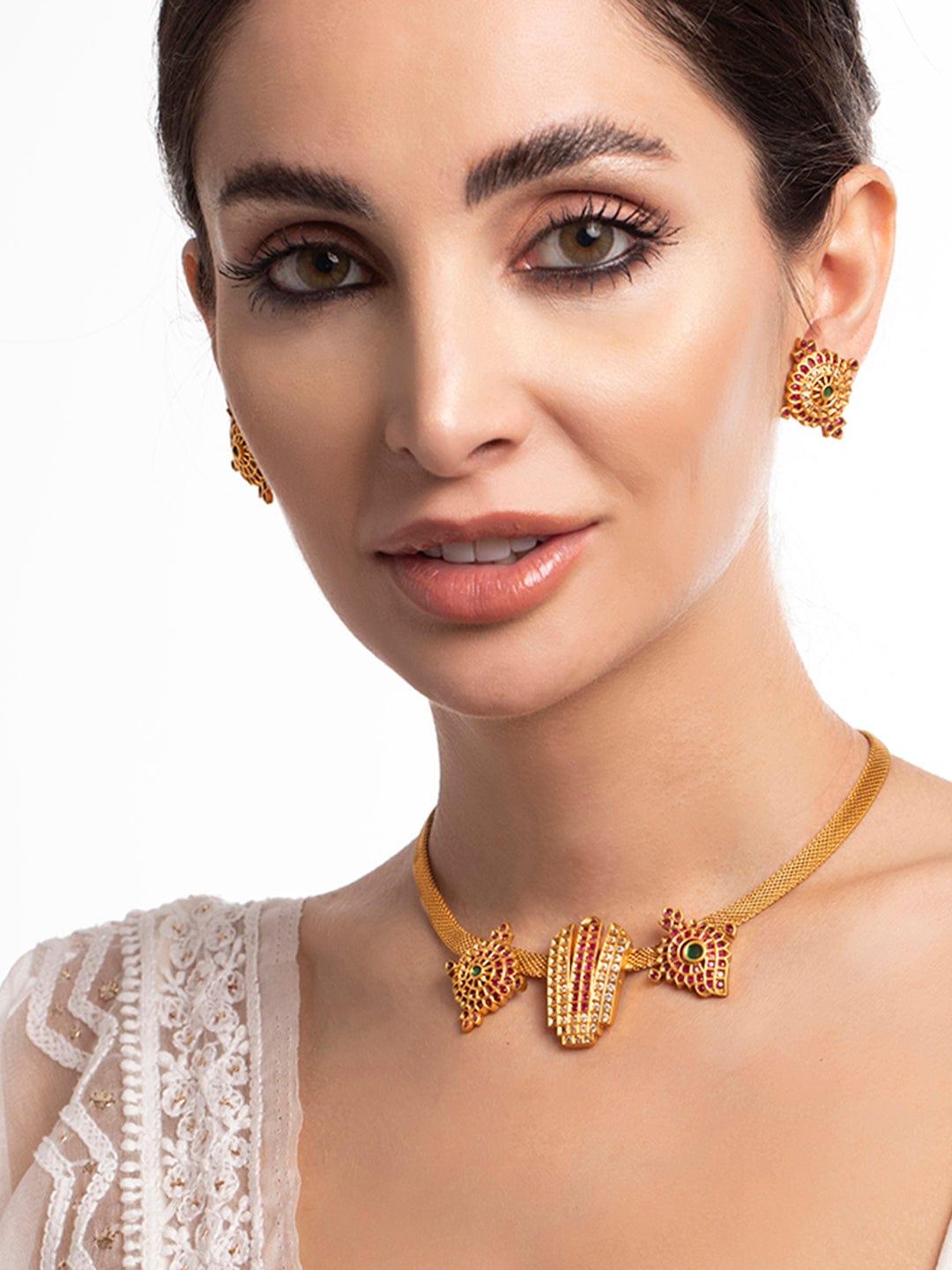 Rubans 22K Gold Plated Necklace Set With Studded AD Design - Indiakreations