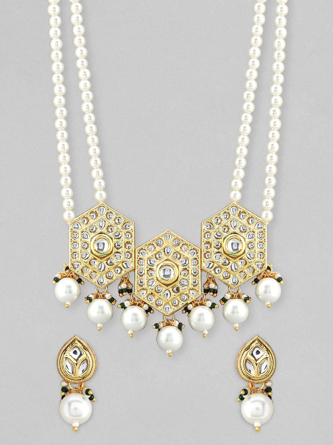 Rubans 22K Gold Plated Pendant Kundan Necklace Set With Pearls - Indiakreations