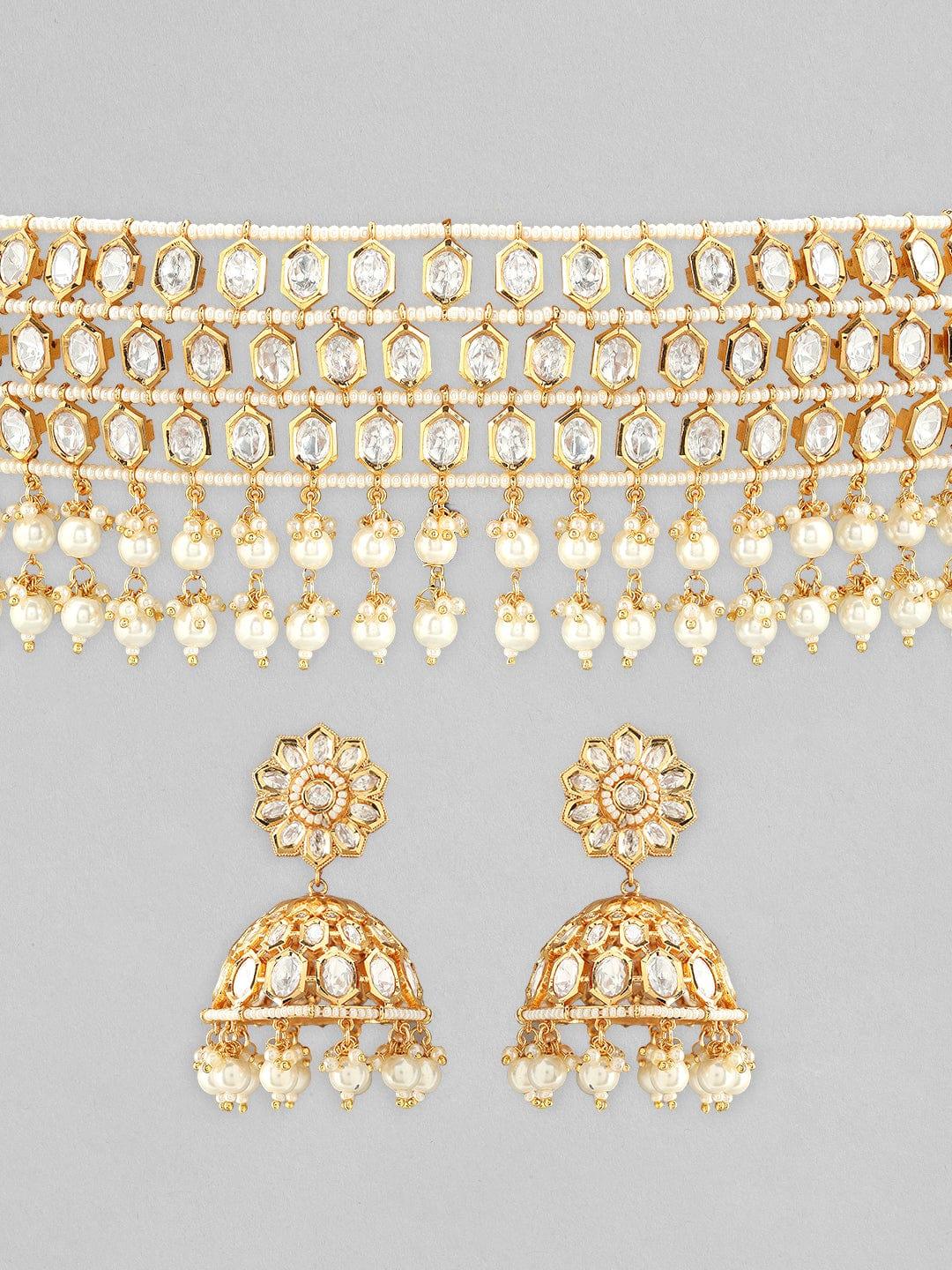 Rubans 22K Gold Plated kundan Necklace Set With Pearls - Indiakreations
