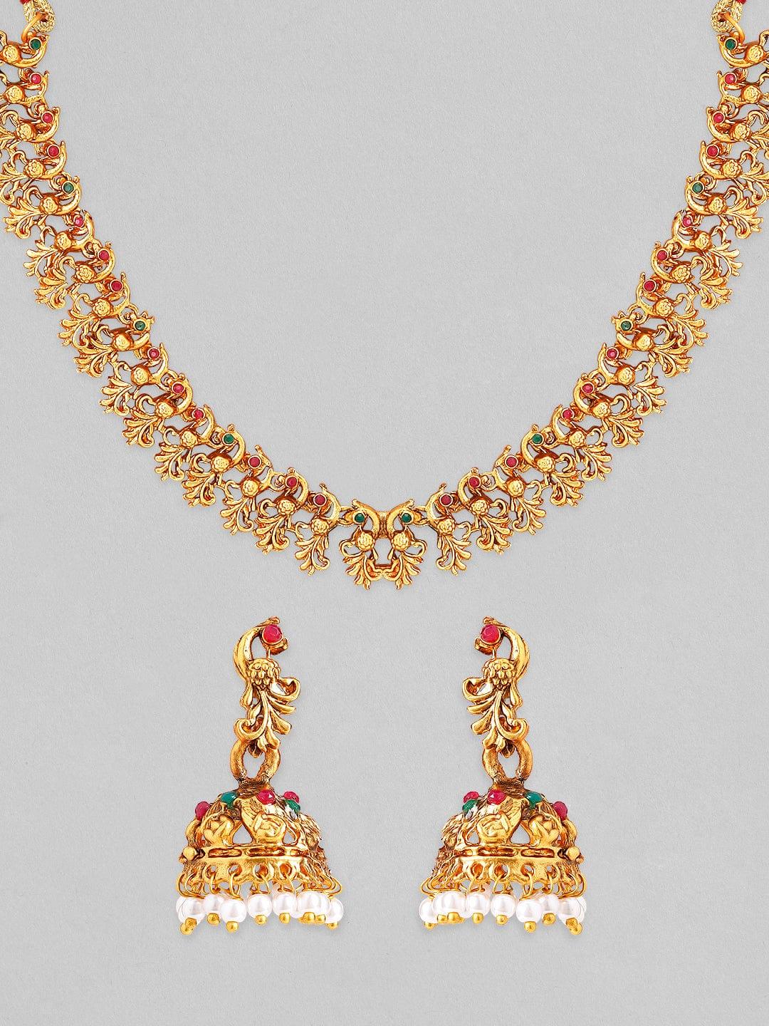 Rubans 22K Gold-Plated Red & Green Stone Studded Handcrafted Traditional Temple Jewellery Set - Indiakreations