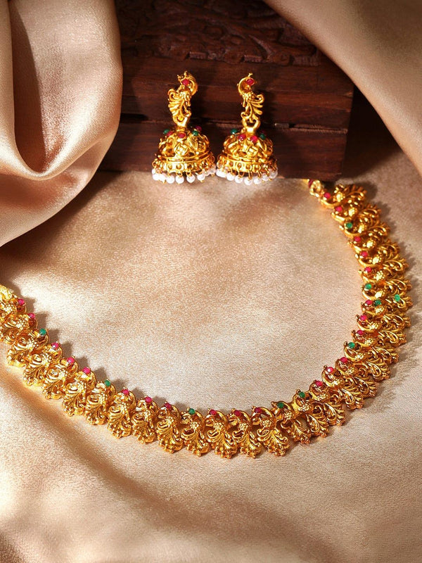 Rubans 22K Gold-Plated Red & Green Stone Studded Handcrafted Traditional Temple Jewellery Set - Indiakreations