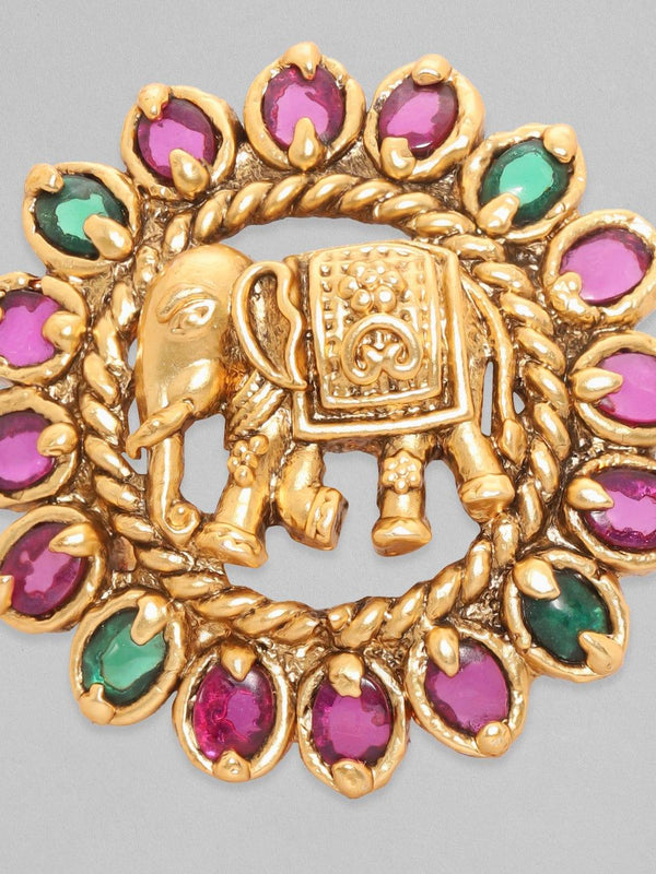 Rubans 22K Gold Plated Red & Green Zircons Studded Elephant Motif Temple Ring - Indiakreations