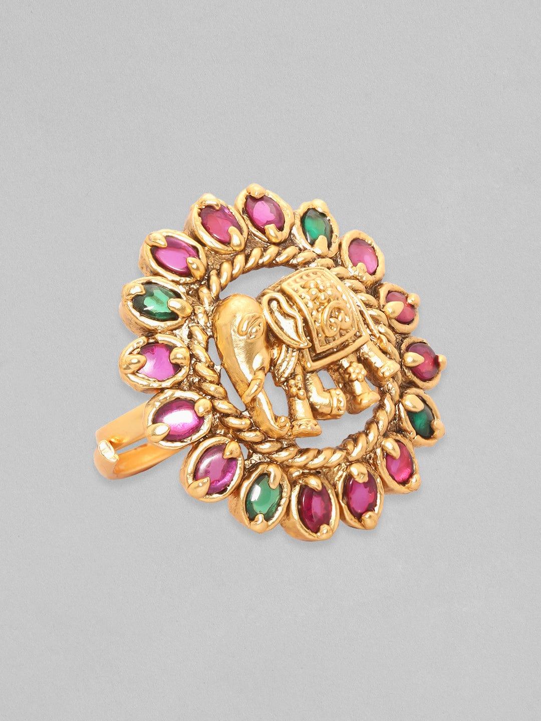 Rubans 22K Gold Plated Red & Green Zircons Studded Elephant Motif Temple Ring - Indiakreations
